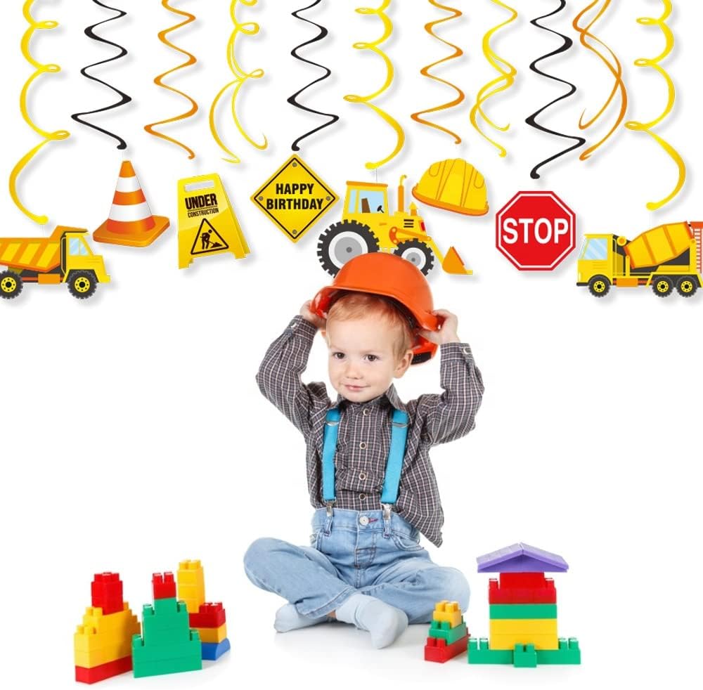 30Ct Construction Hanging Swirl Decorations, Construction Trucks Birthday Theme Streamers