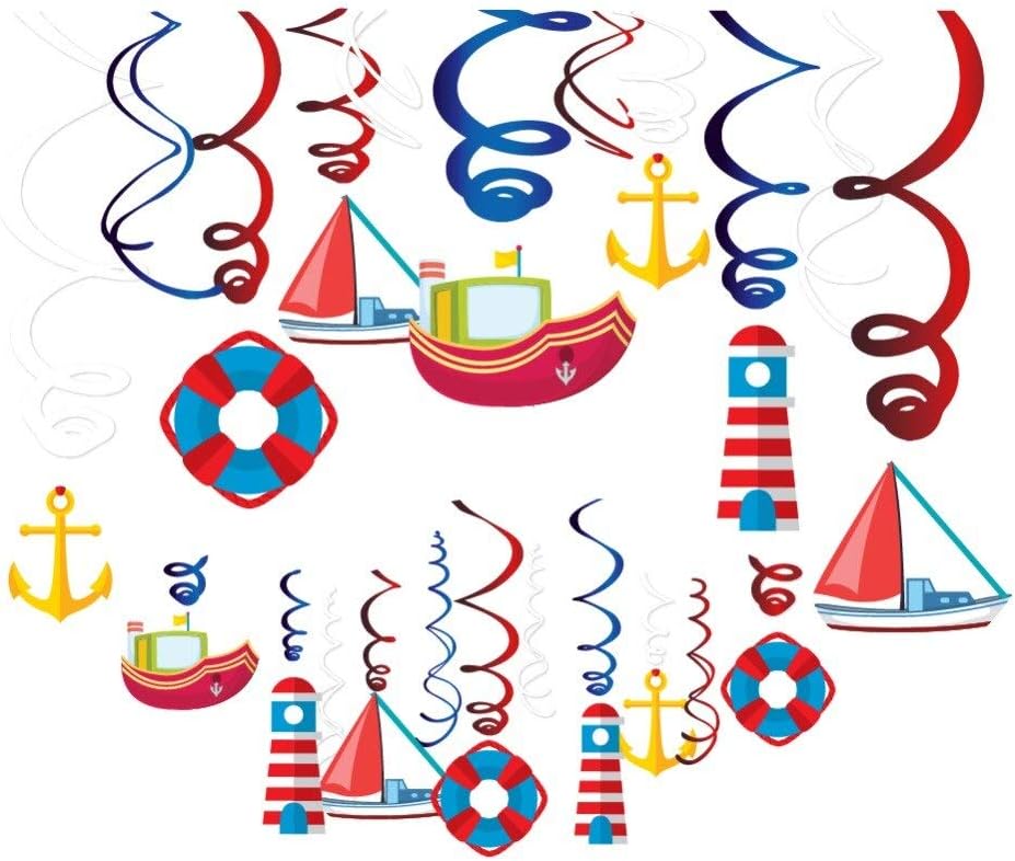 30Ct Nautical Hanging Swirl Decorations, Ahoy Boy Birthday Ceiling Streamers