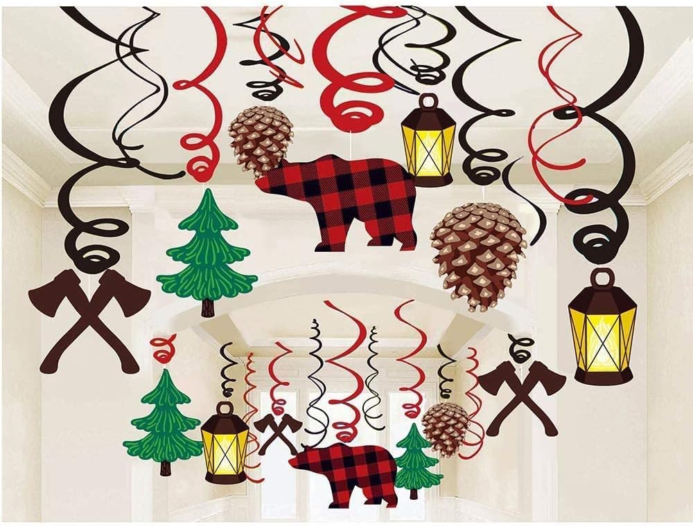 30Ct Lumberjack Hanging Swirl Decorations, Buffalo Plaid Ceiling Streamers