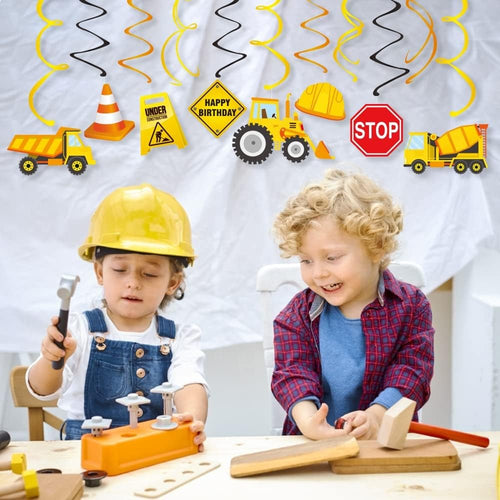 30Ct Construction Hanging Swirl Decorations, Construction Trucks Birthday Theme Streamers
