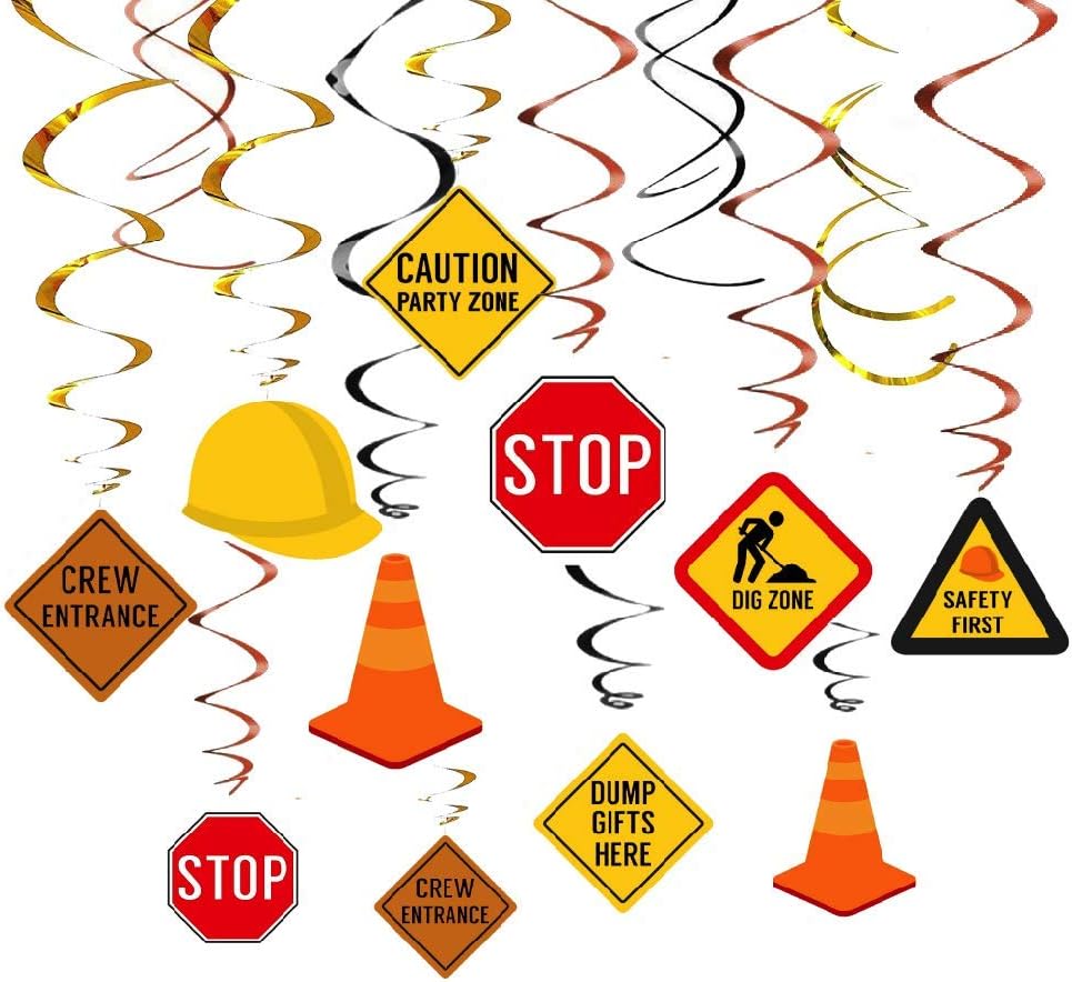30Ct Construction Hanging Swirl Decorations, Traffic Zone Birthday Theme Streamers