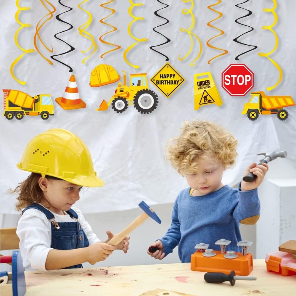 30Ct Construction Hanging Swirl Decorations, Construction Trucks Birthday Theme Streamers