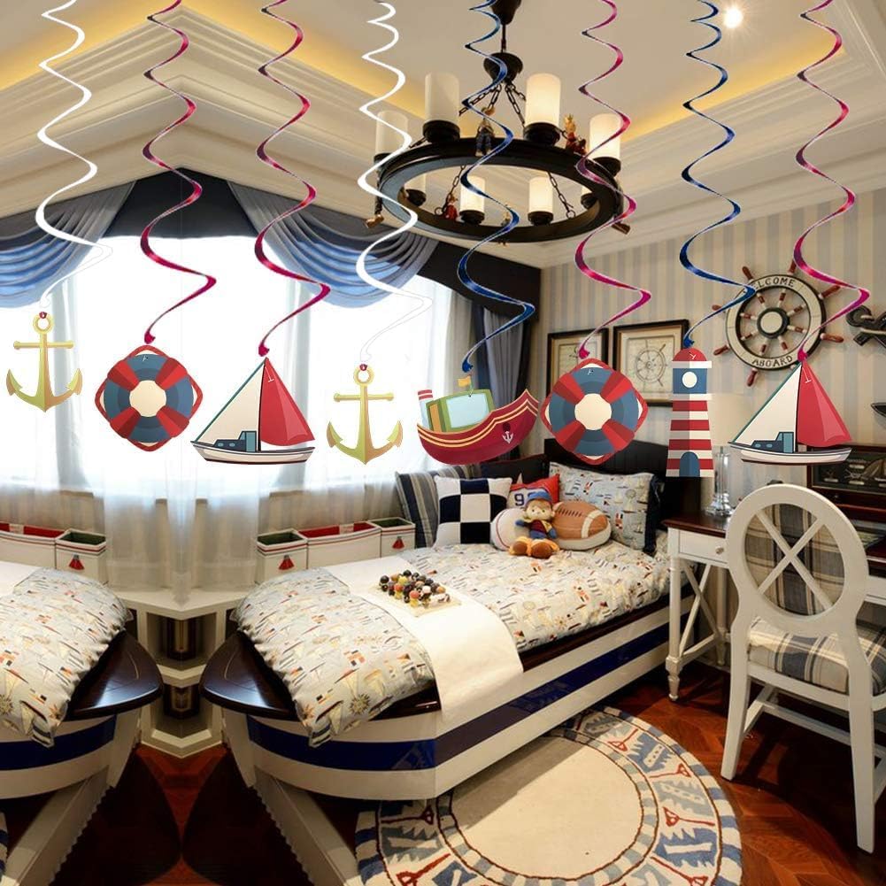 30Ct Nautical Hanging Swirl Decorations, Ahoy Boy Birthday Ceiling Streamers