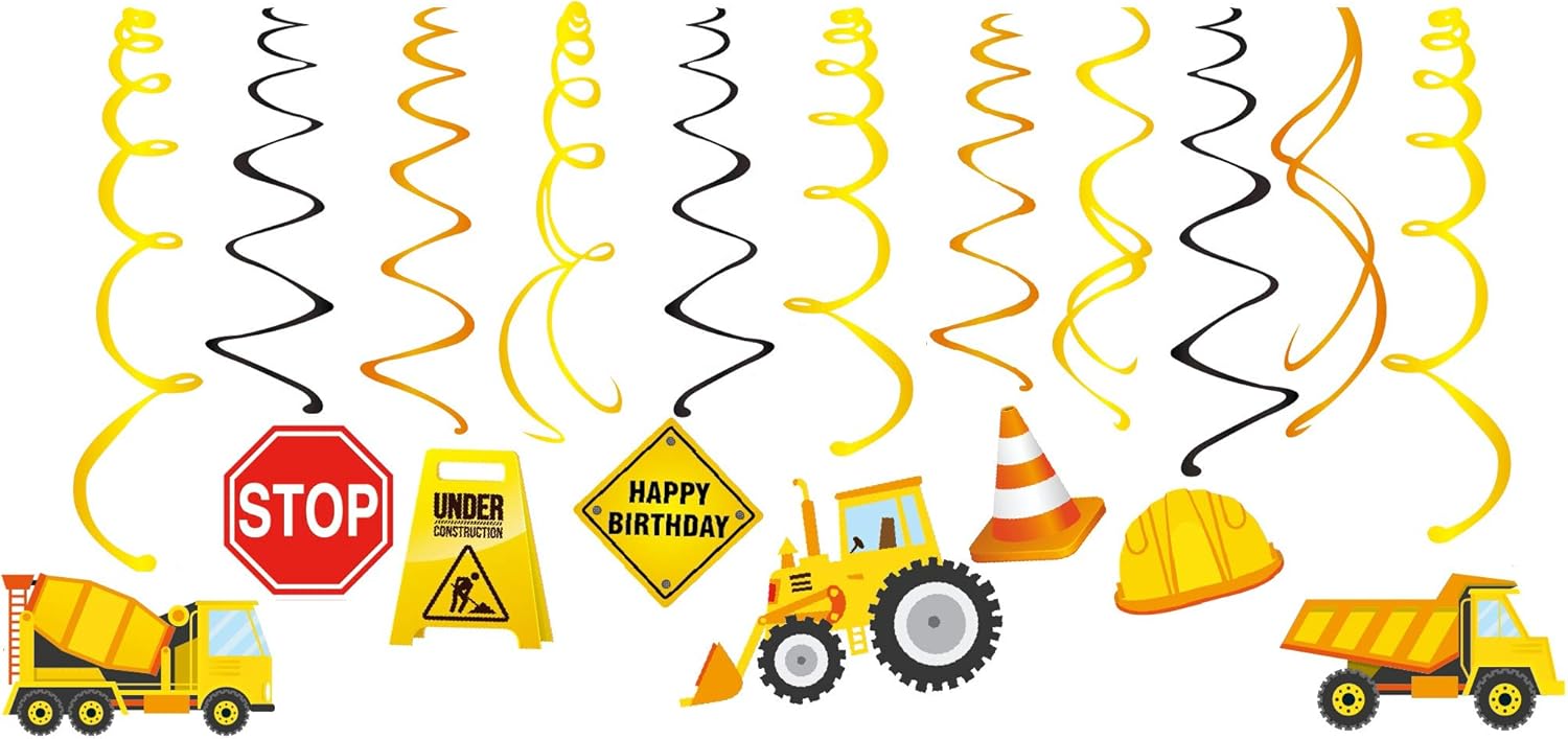 30Ct Construction Hanging Swirl Decorations, Construction Trucks Birthday Theme Streamers