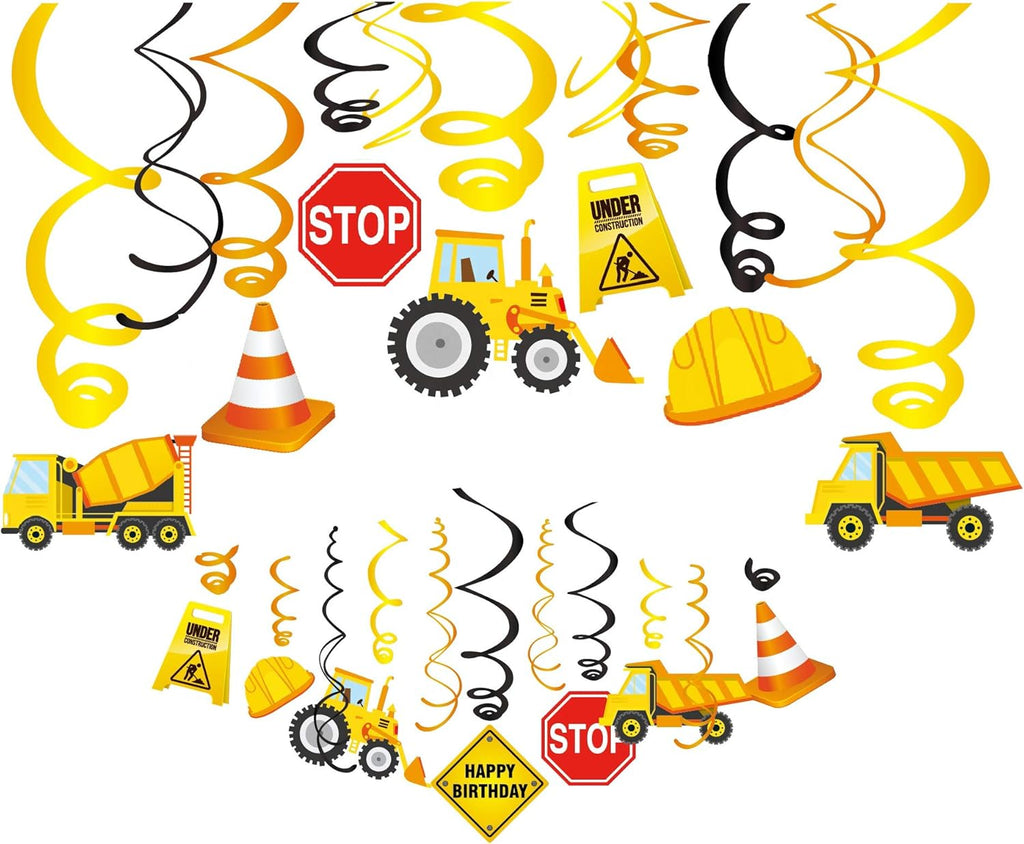 30Ct Construction Hanging Swirl Decorations, Construction Trucks Birthday Theme Streamers