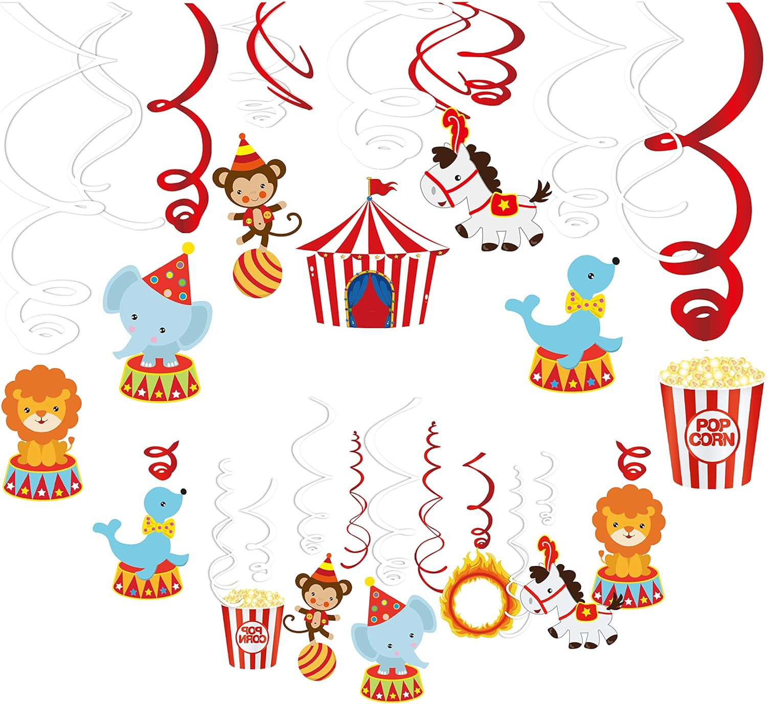 30Ct Carnival Hanging Swirl Decorations - Circus Animals Party Supplies