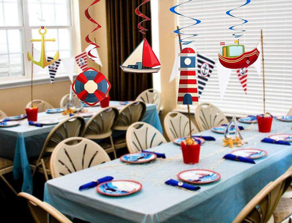 30Ct Nautical Hanging Swirl Decorations, Ahoy Boy Birthday Ceiling Streamers