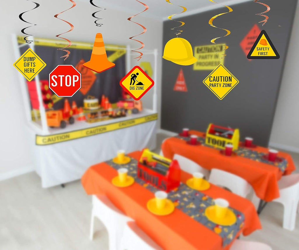 30Ct Construction Hanging Swirl Decorations, Traffic Zone Birthday Theme Streamers