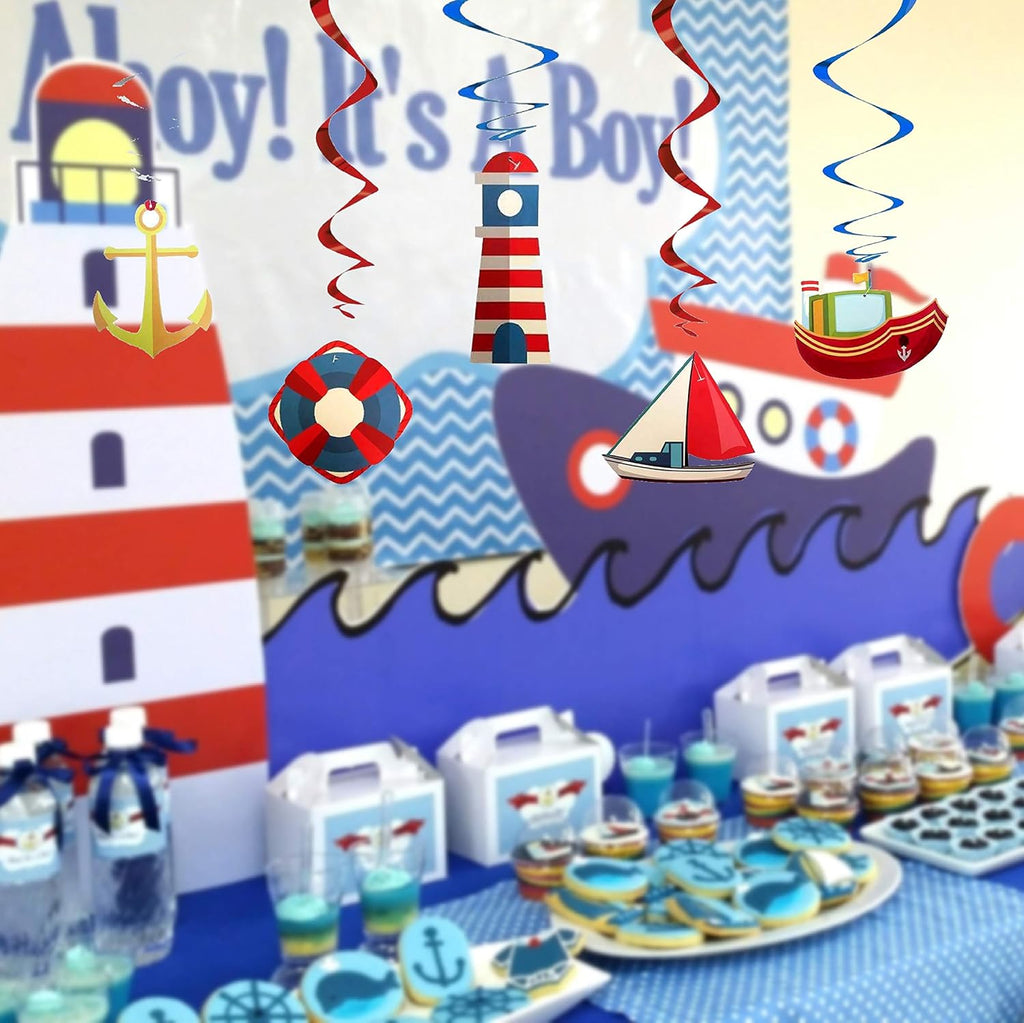 30Ct Nautical Hanging Swirl Decorations, Ahoy Boy Birthday Ceiling Streamers