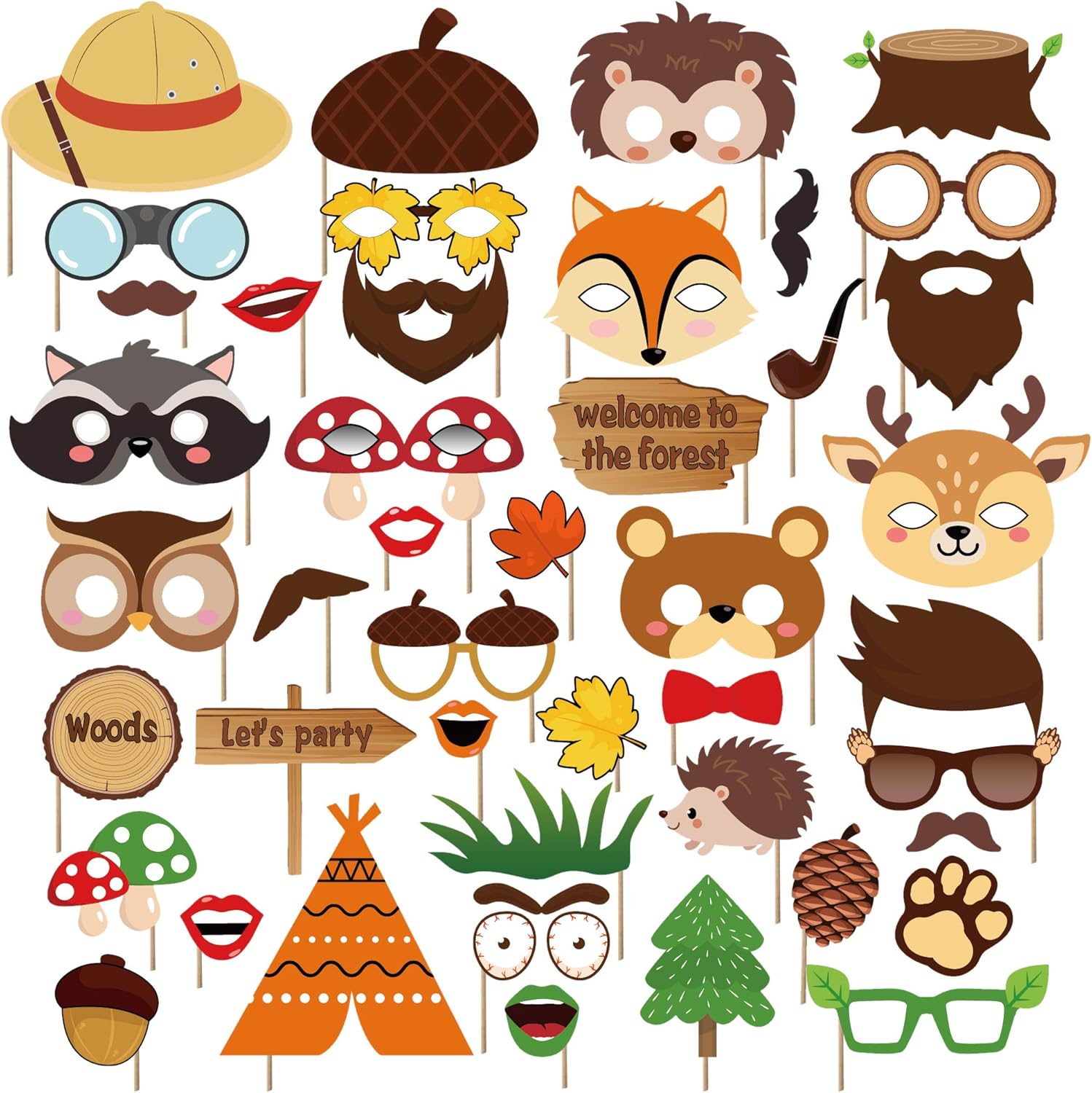 44Pcs Woodland Animals Photo Booth Props with Stick