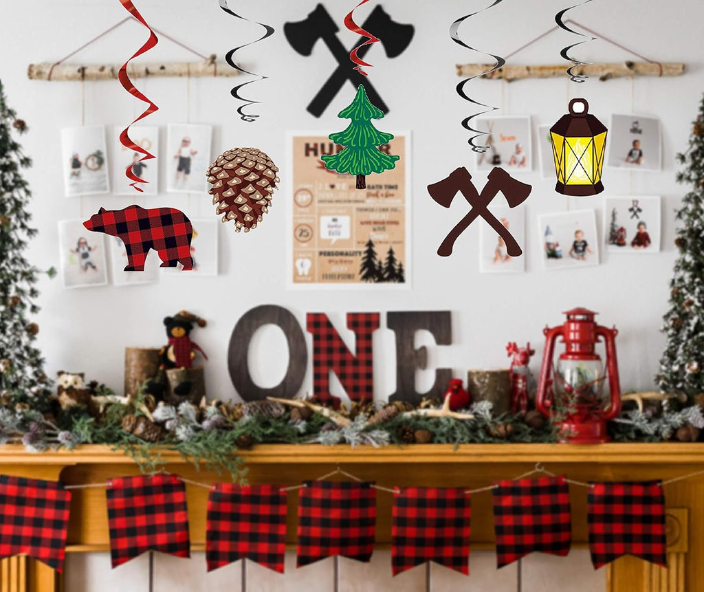 30Ct Lumberjack Hanging Swirl Decorations, Buffalo Plaid Ceiling Streamers